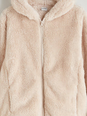 LCW Kids Beige Hooded Plush Girls Zippered Sweatshirt