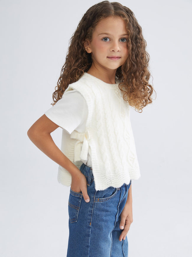 LCW Kids Ecru Crew Neck Bow GirlS Sweater Hover Image