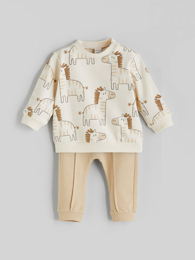 LCW Baby Ecru Printed Baby Boy Sweatshirt And Tracksuit Bottom 2-Pack Hover Image