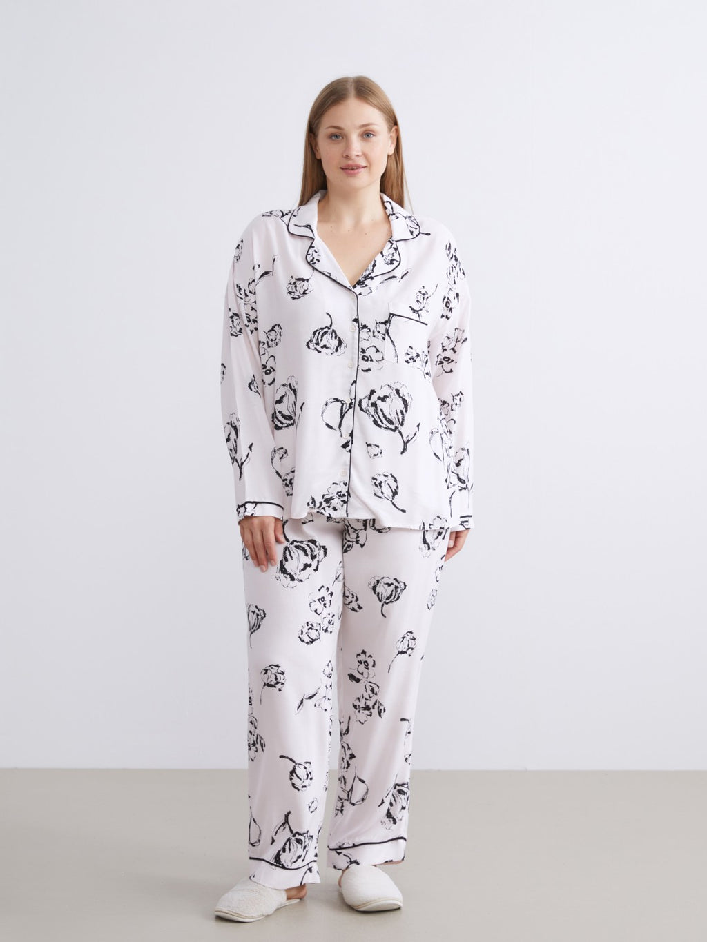 LCW Dream Beige Shirt Collar Printed Women Pajama Set