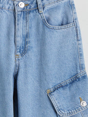 LCW Kids Indigo Adjustable Waist Elastic Girls Cargo Jean Pants