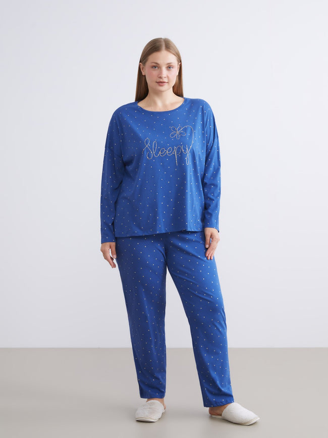 LCW Dream Blue Crew Neck Polka Dot Women Pajama Set Hover Image