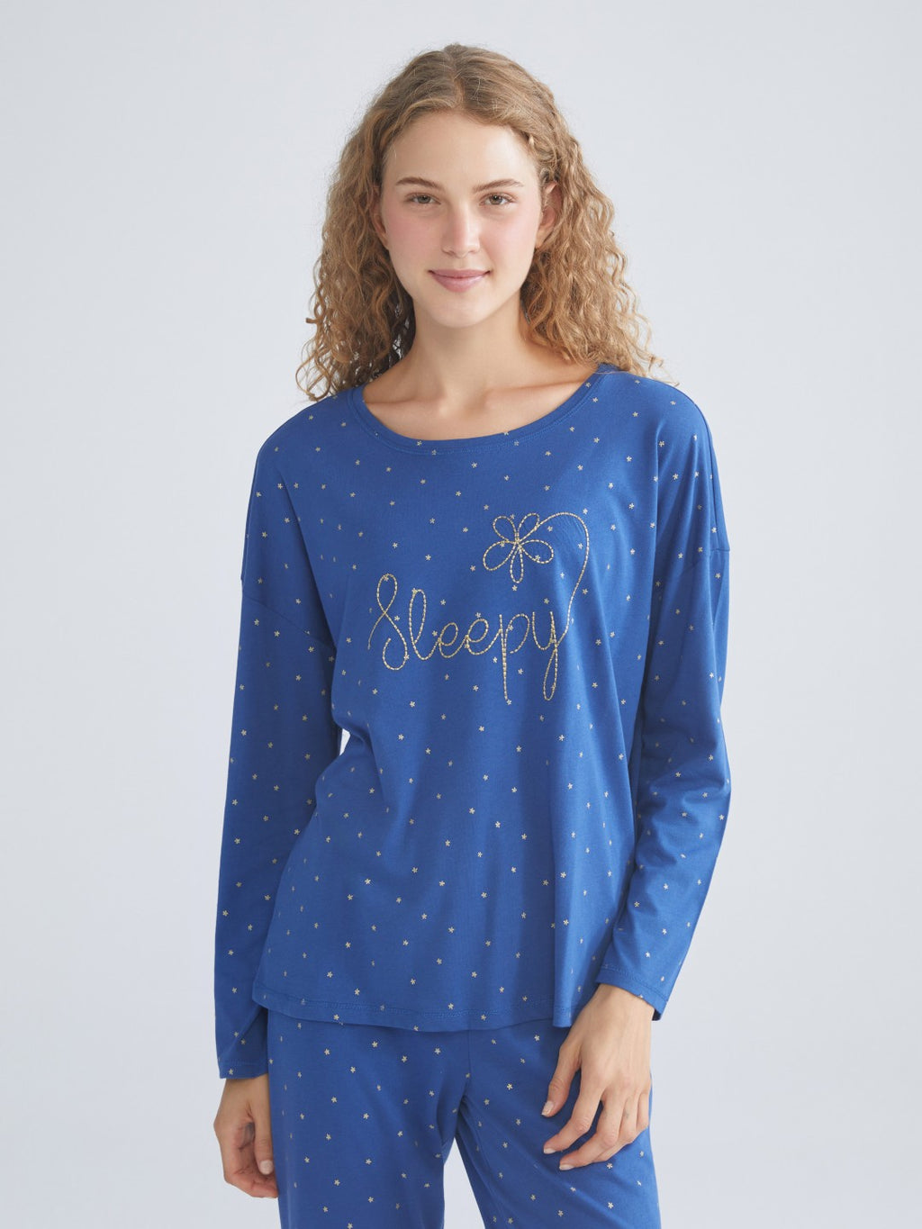 LCW Dream Blue Crew Neck Polka Dot Women Pajama Set