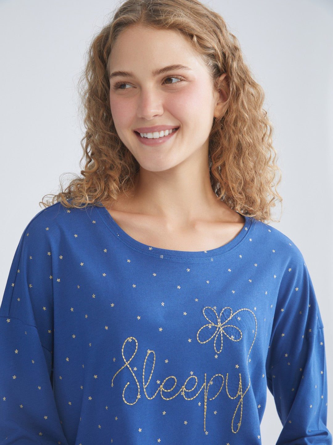 LCW Dream Blue Crew Neck Polka Dot Women Pajama Set