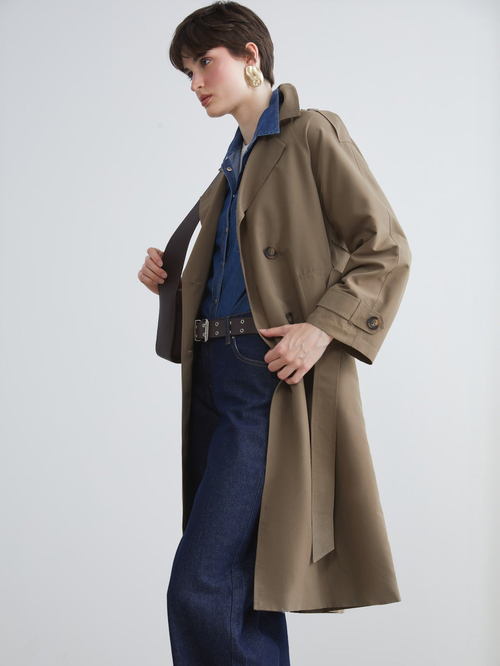 LCW Vision Black Jacket Collar Women Trench Coat