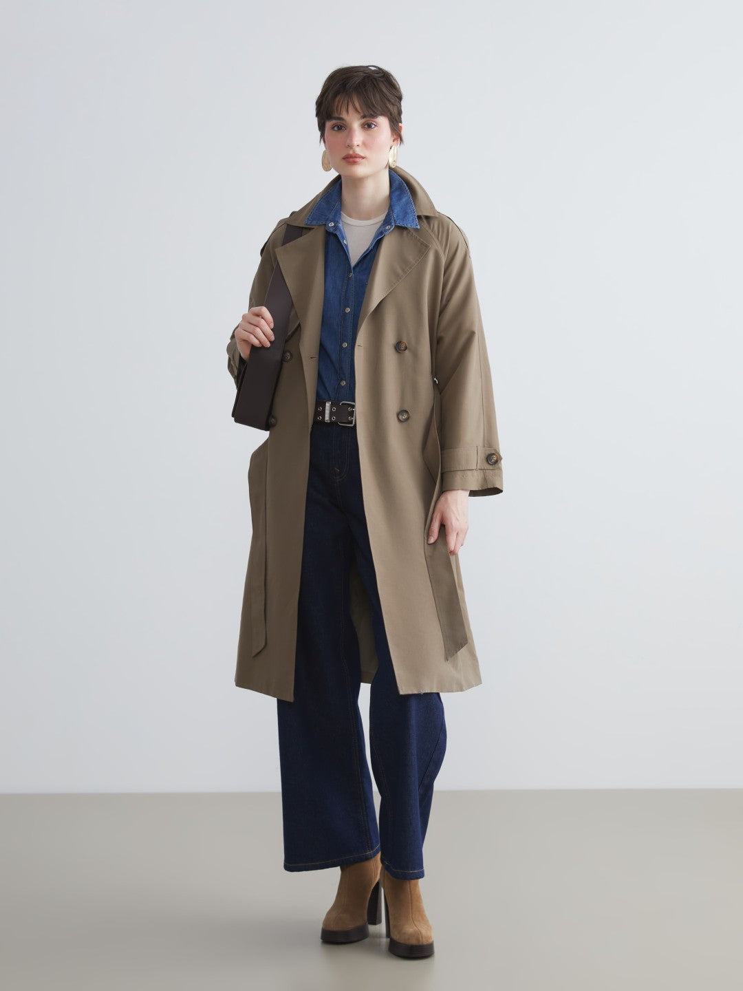 LCW Vision Black Jacket Collar Women Trench Coat