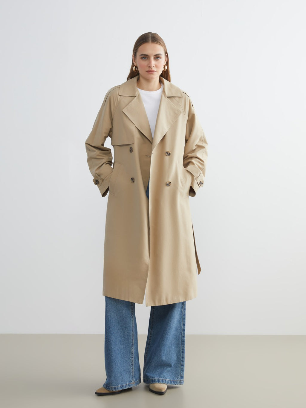 LCW Vision Black Jacket Collar Women Trench Coat