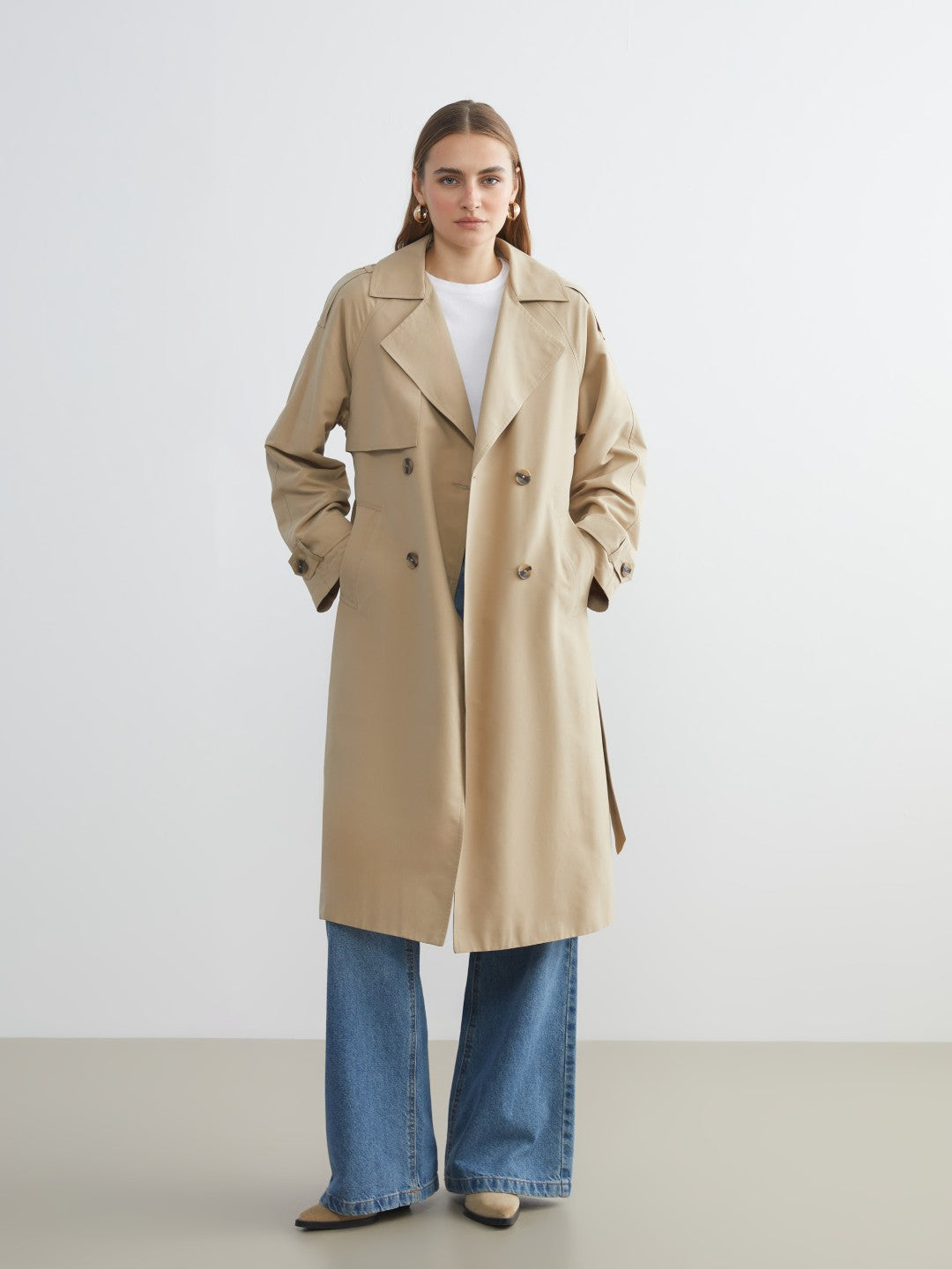 LCW Vision Black Jacket Collar Women Trench Coat