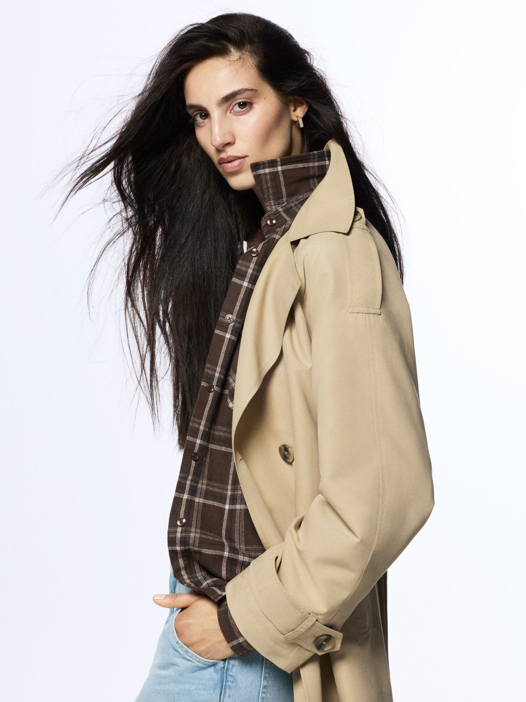 LCW Vision Black Jacket Collar Women Trench Coat