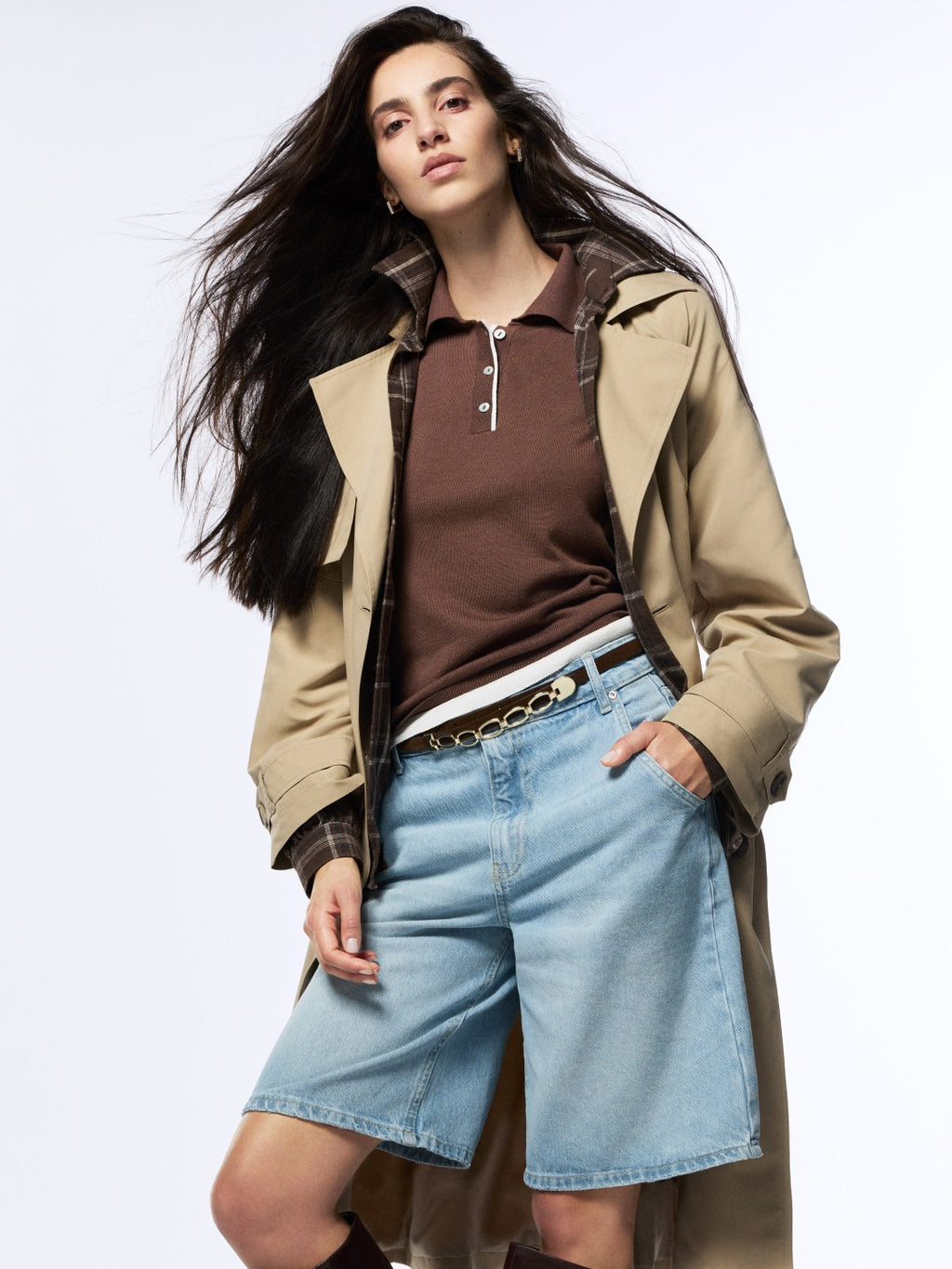 LCW Vision Black Jacket Collar Women Trench Coat