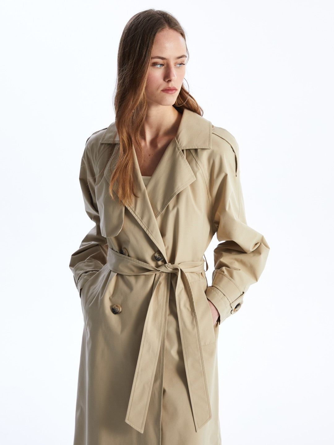 LCW Vision Black Jacket Collar Women Trench Coat