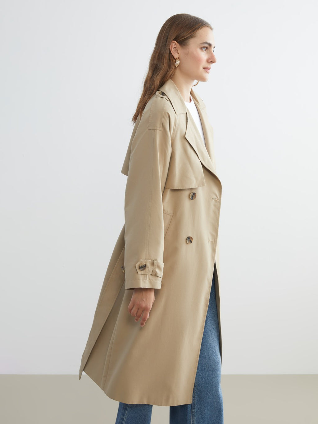 LCW Vision Black Jacket Collar Women Trench Coat