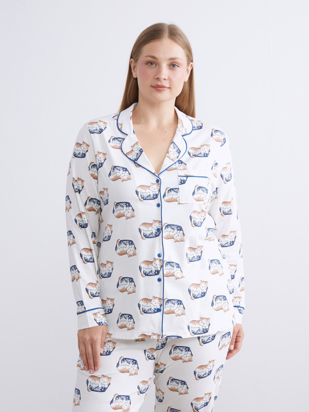 LCW Dream Ecru Shirt Collar Printed Women Pajama Set