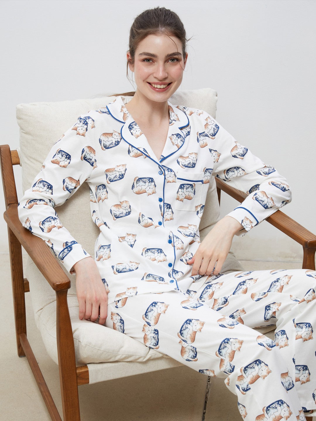 LCW Dream Ecru Shirt Collar Printed Women Pajama Set