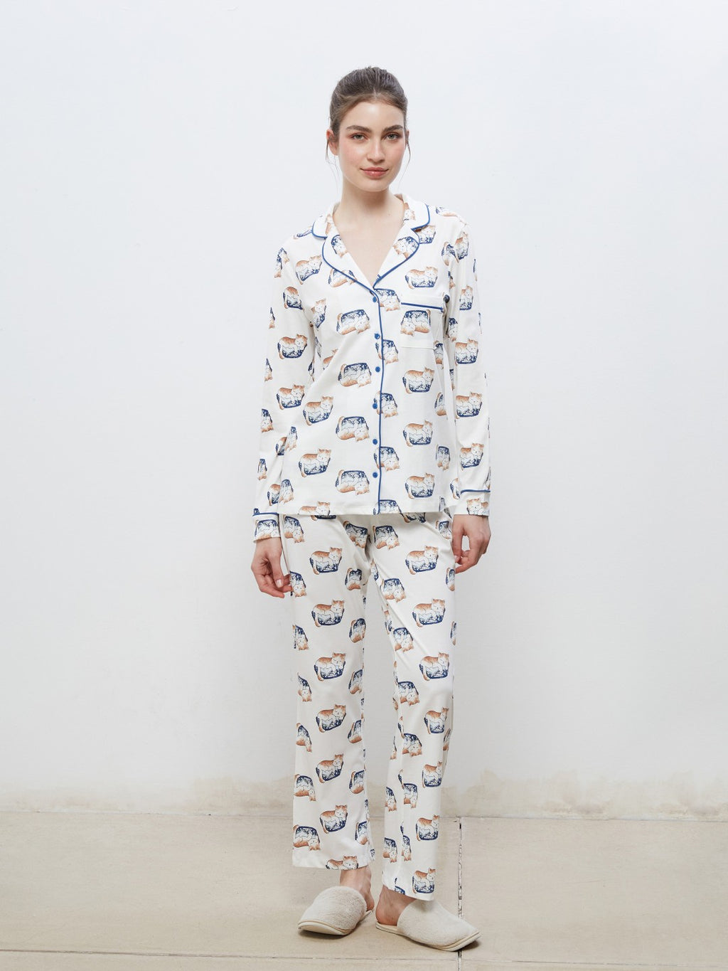 LCW Dream Ecru Shirt Collar Printed Women Pajama Set