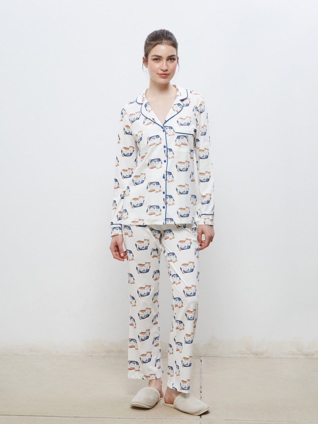 LCW Dream Ecru Shirt Collar Printed Women Pajama Set