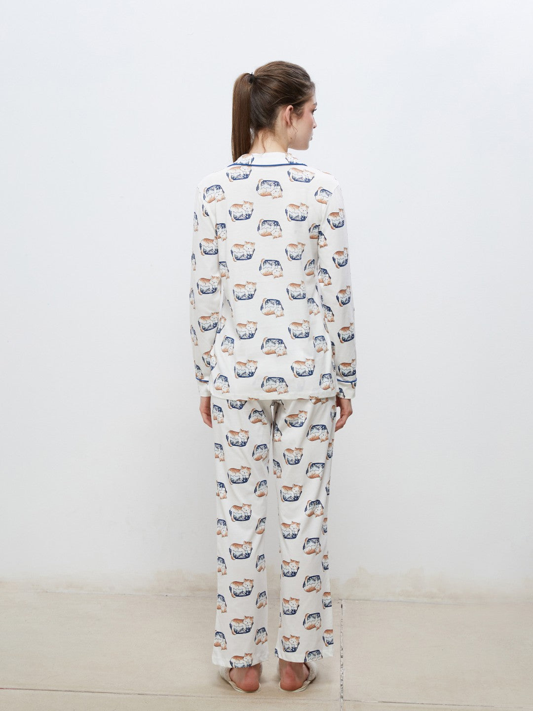 LCW Dream Ecru Shirt Collar Printed Women Pajama Set