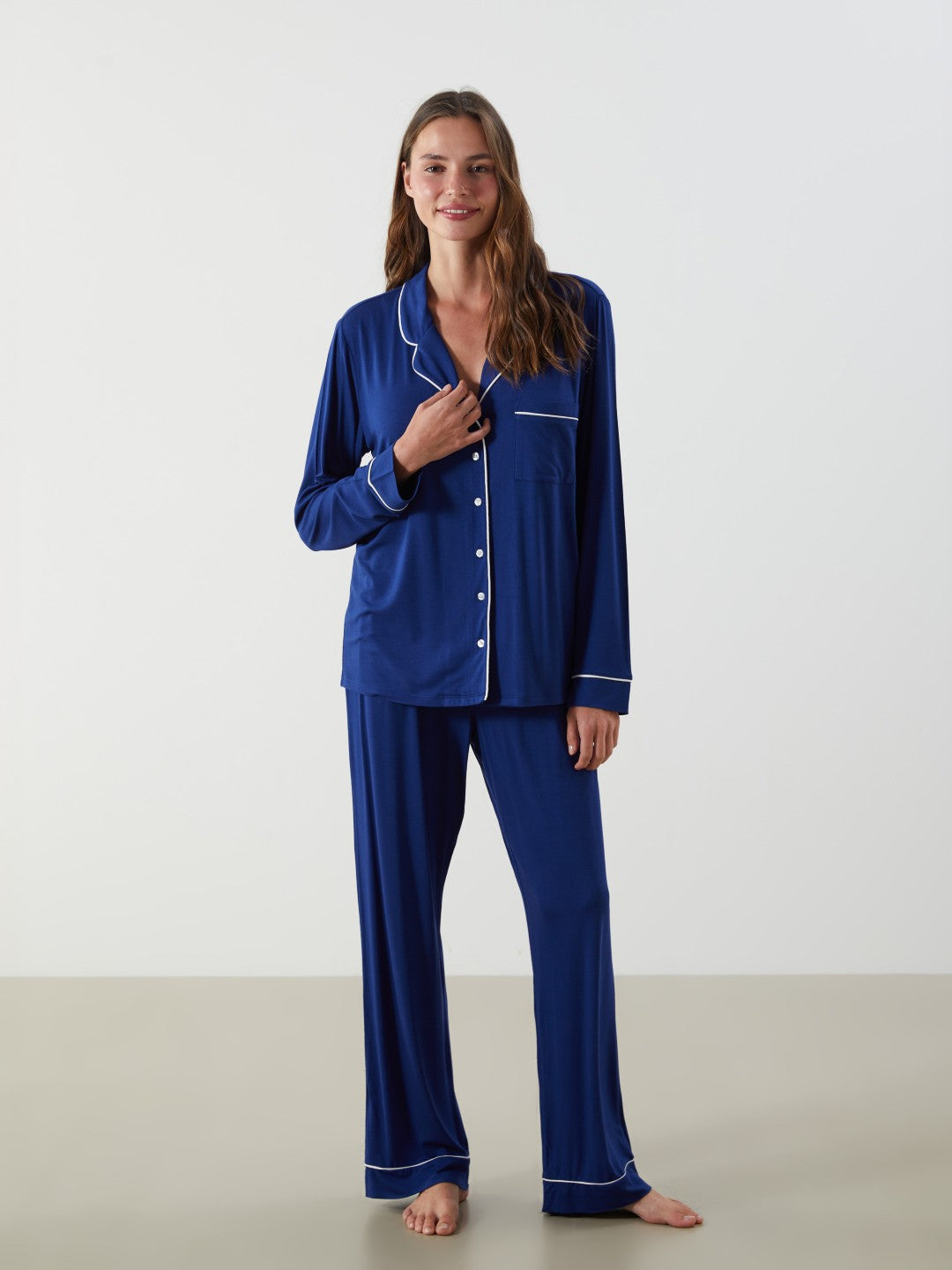 LCW Dream Navy Blue Shirt Collar Women Pajama Set