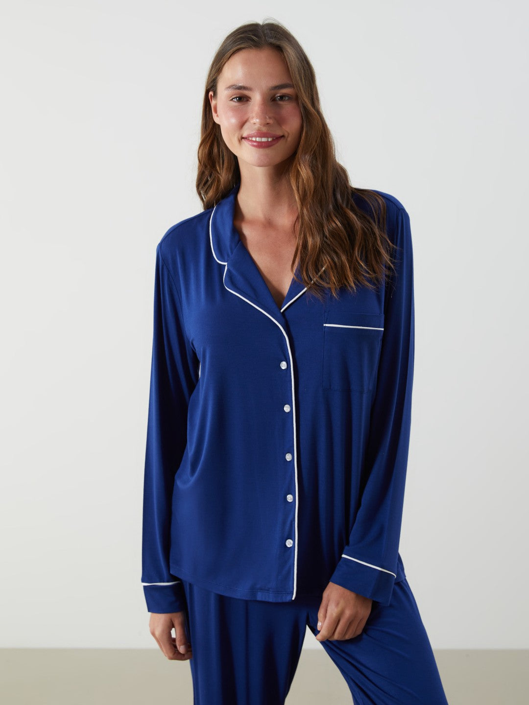 LCW Dream Navy Blue Shirt Collar Women Pajama Set