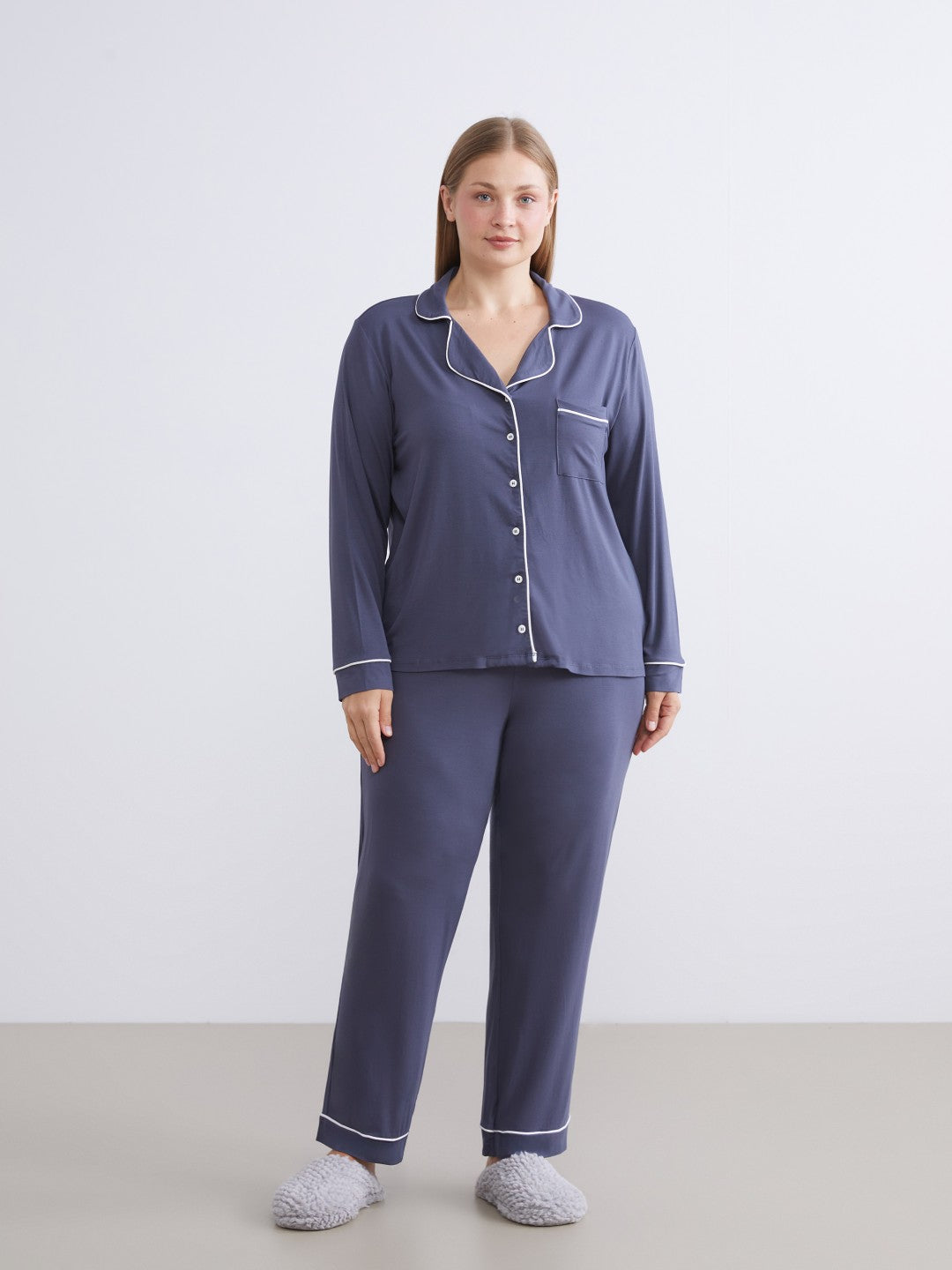 LCW Dream Navy Blue Shirt Collar Women Pajama Set