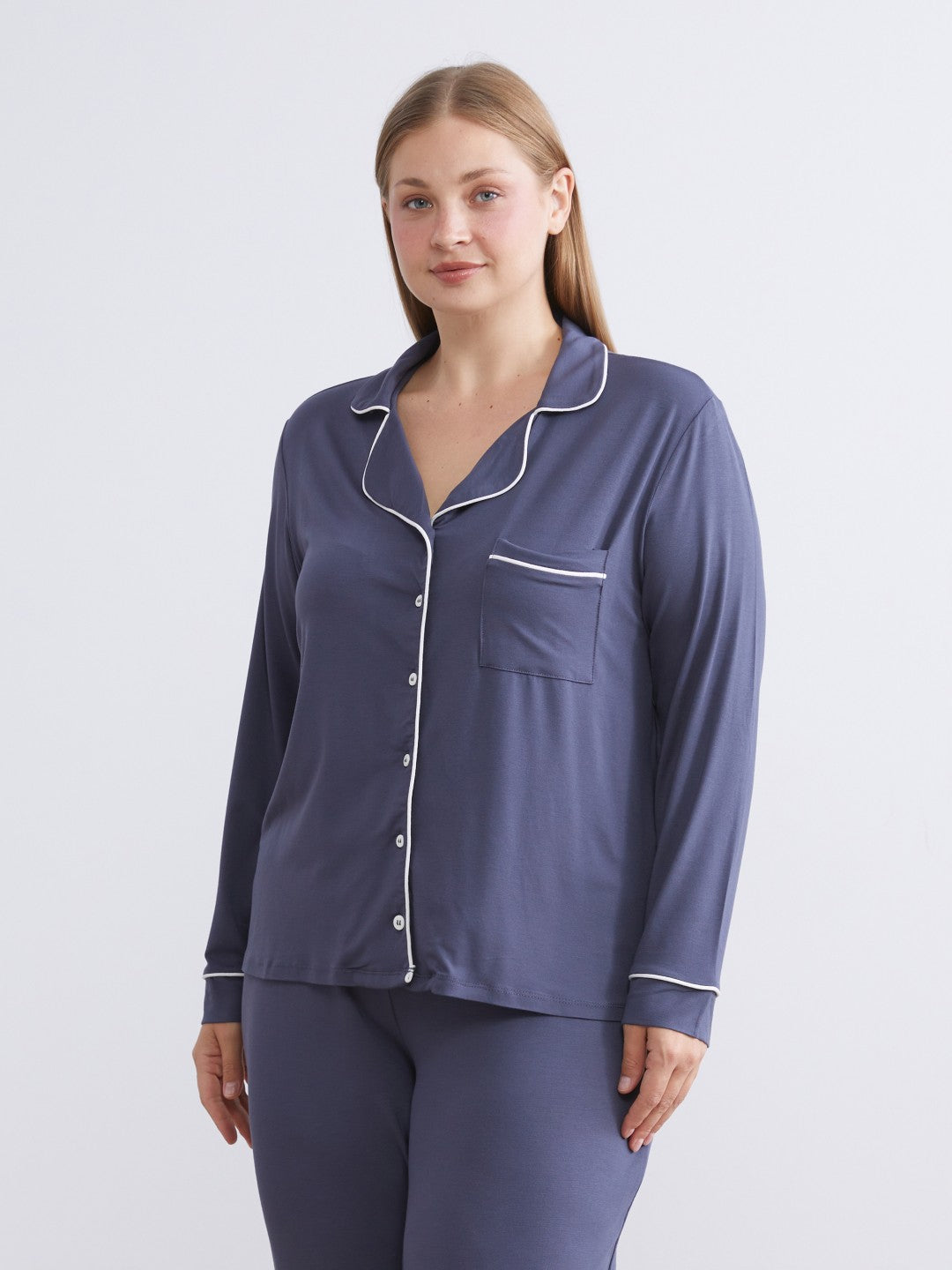 LCW Dream Navy Blue Shirt Collar Women Pajama Set