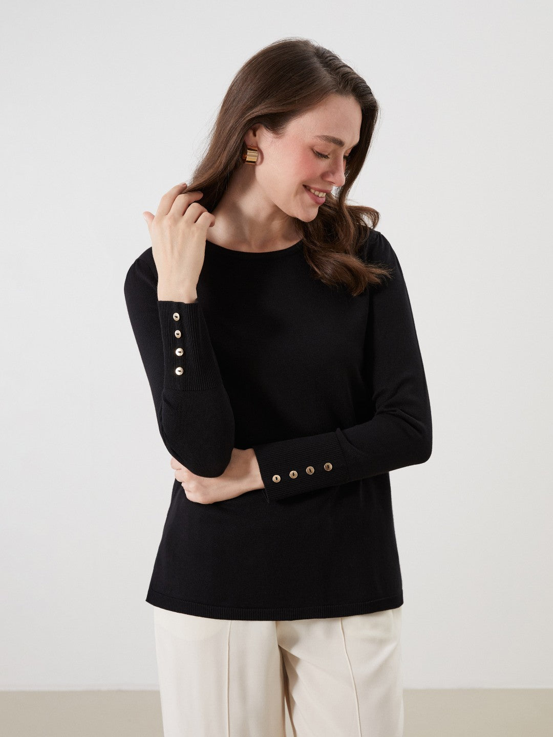 LCW Grace Black Crew Neck Women Knitwear Sweater