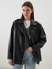 LCW Modest Black Shirt Collar Oversize Women Leather Look Jacket