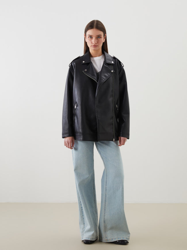 LCW Modest Black Shirt Collar Oversize Women Leather Look Jacket Main Image