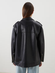 LCW Modest Black Shirt Collar Oversize Women Leather Look Jacket