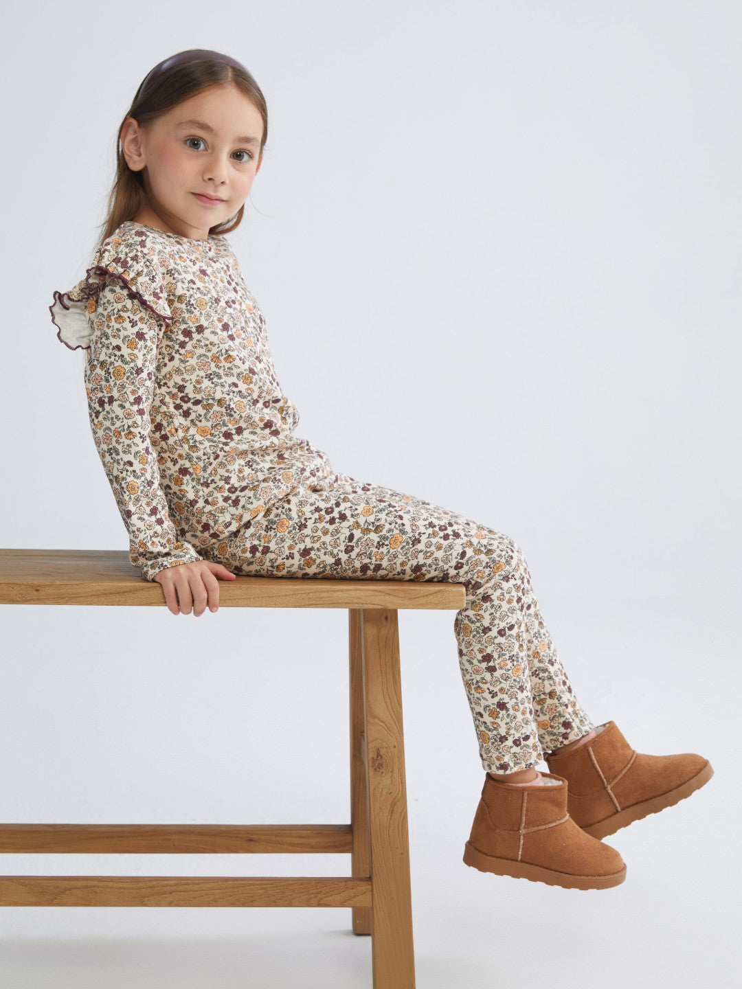 LCW Kids Beige Long Sleeve Floral Patterned Girls T-Shirt