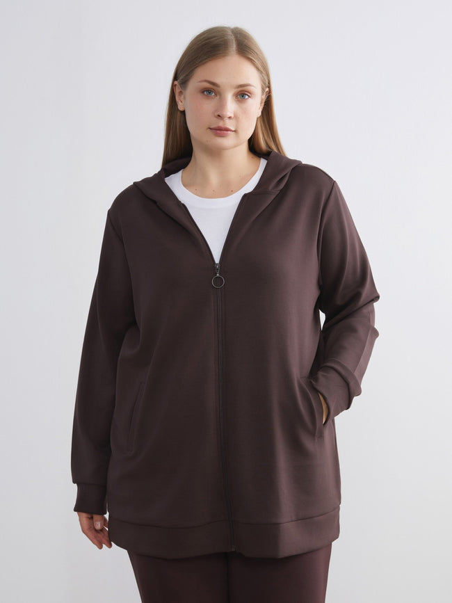 LCW Classic Black Hooded Oversize Women Zippered Sweatshirt Hover Image