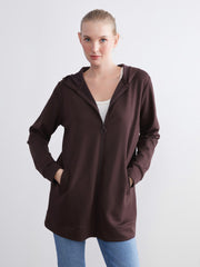 LCW Classic Black Hooded Oversize Women Zippered Sweatshirt