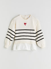 LCW Kids Ecru Crew Neck Striped Girls Knitwear Sweater