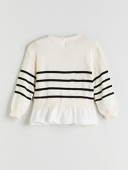 LCW Kids Ecru Crew Neck Striped Girls Knitwear Sweater