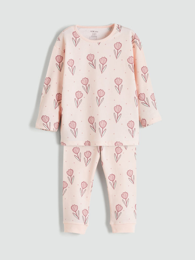 Lc Waikiki Pink Crew Neck Printed Baby Girl Pajama Set Hover Image