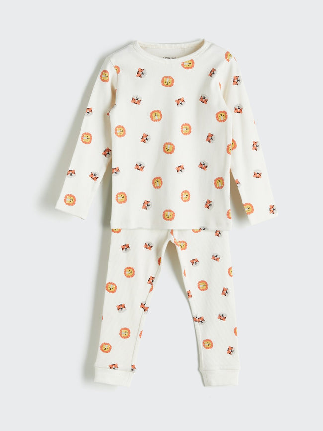 Lc Waikiki Ecru Crew Neck Printed Baby Boy Pajama Set Hover Image