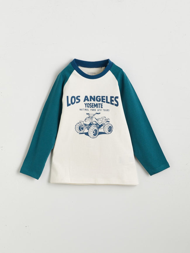 LCW Kids Beige Crew Neck Printed Long Sleeve BoyS T-Shirt 2-Pack Main Image