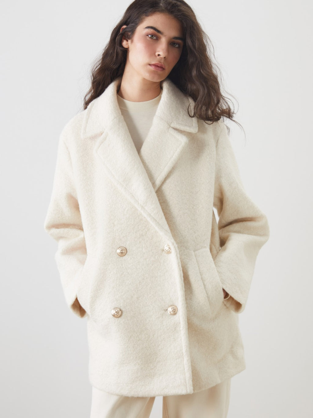 LCW Modest Ecru Double-Breasted Oversize Women Cashmere Coat