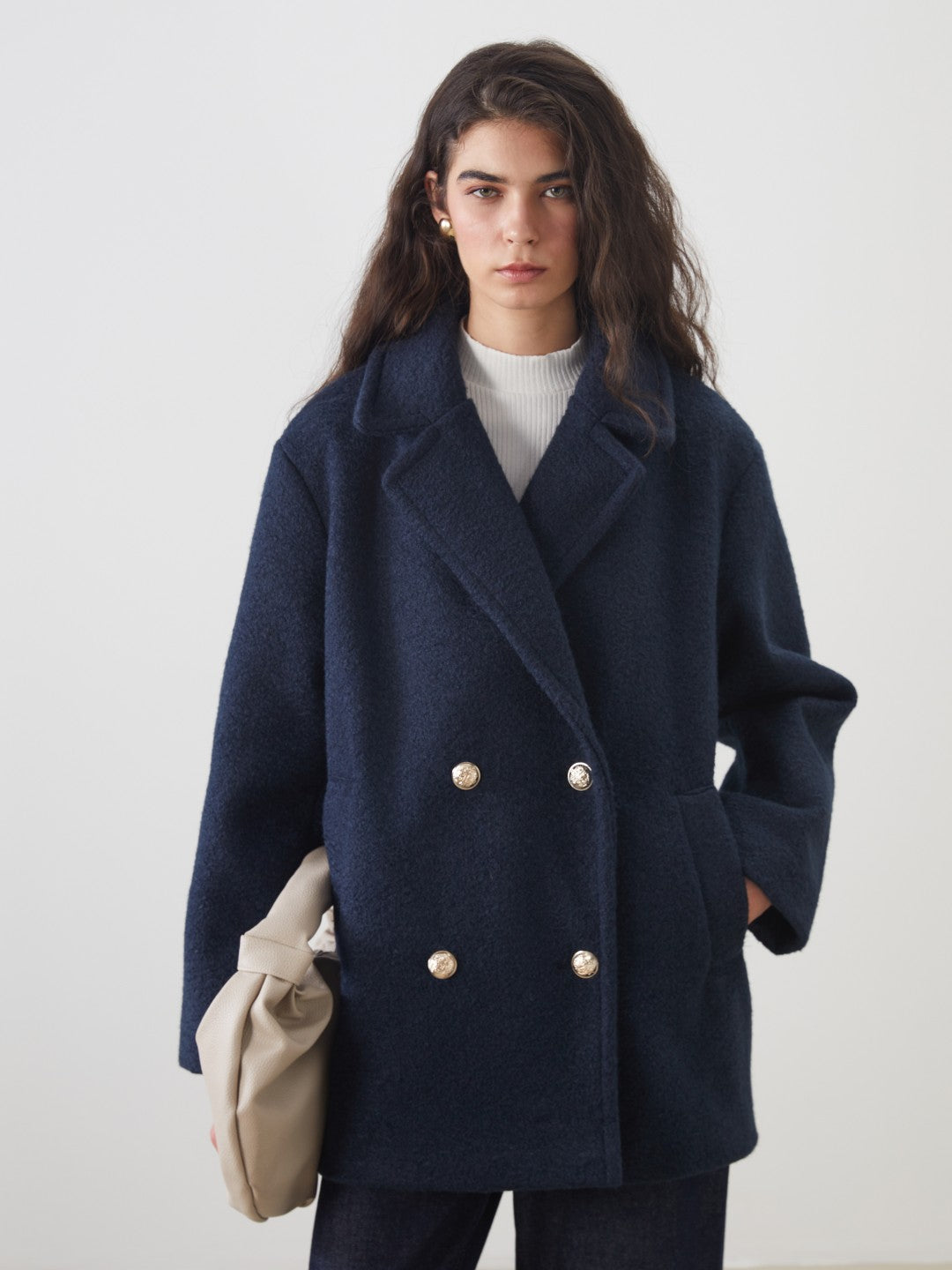 LCW Modest Ecru Double-Breasted Oversize Women Cashmere Coat