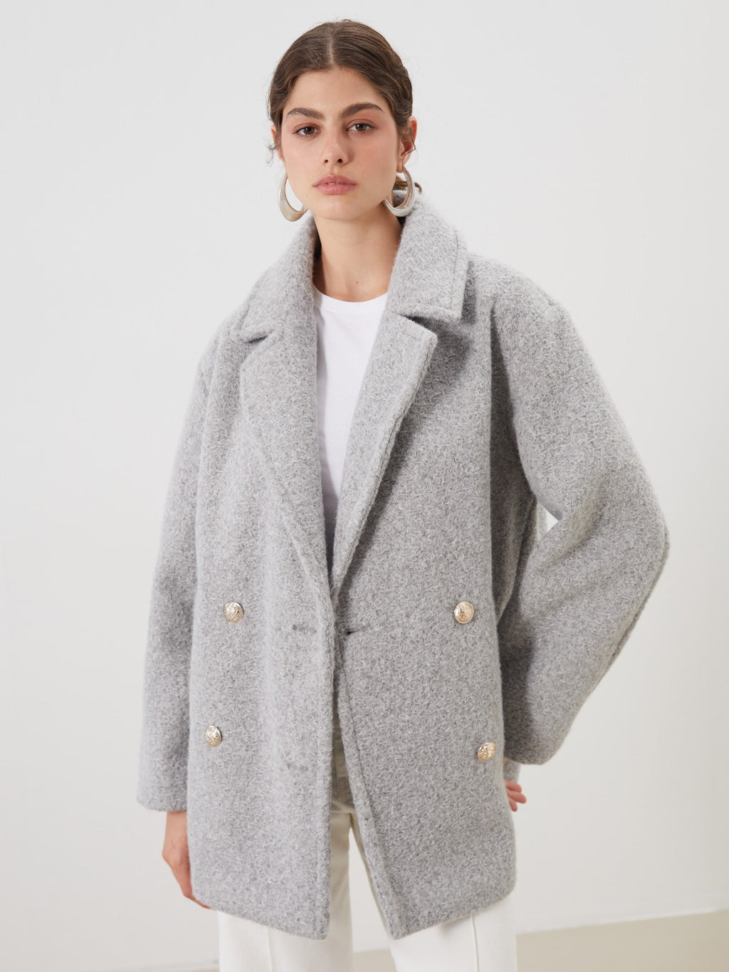LCW Modest Ecru Double-Breasted Oversize Women Cashmere Coat