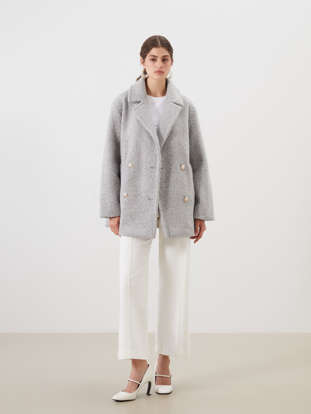 LCW Modest Ecru Double-Breasted Oversize Women Cashmere Coat