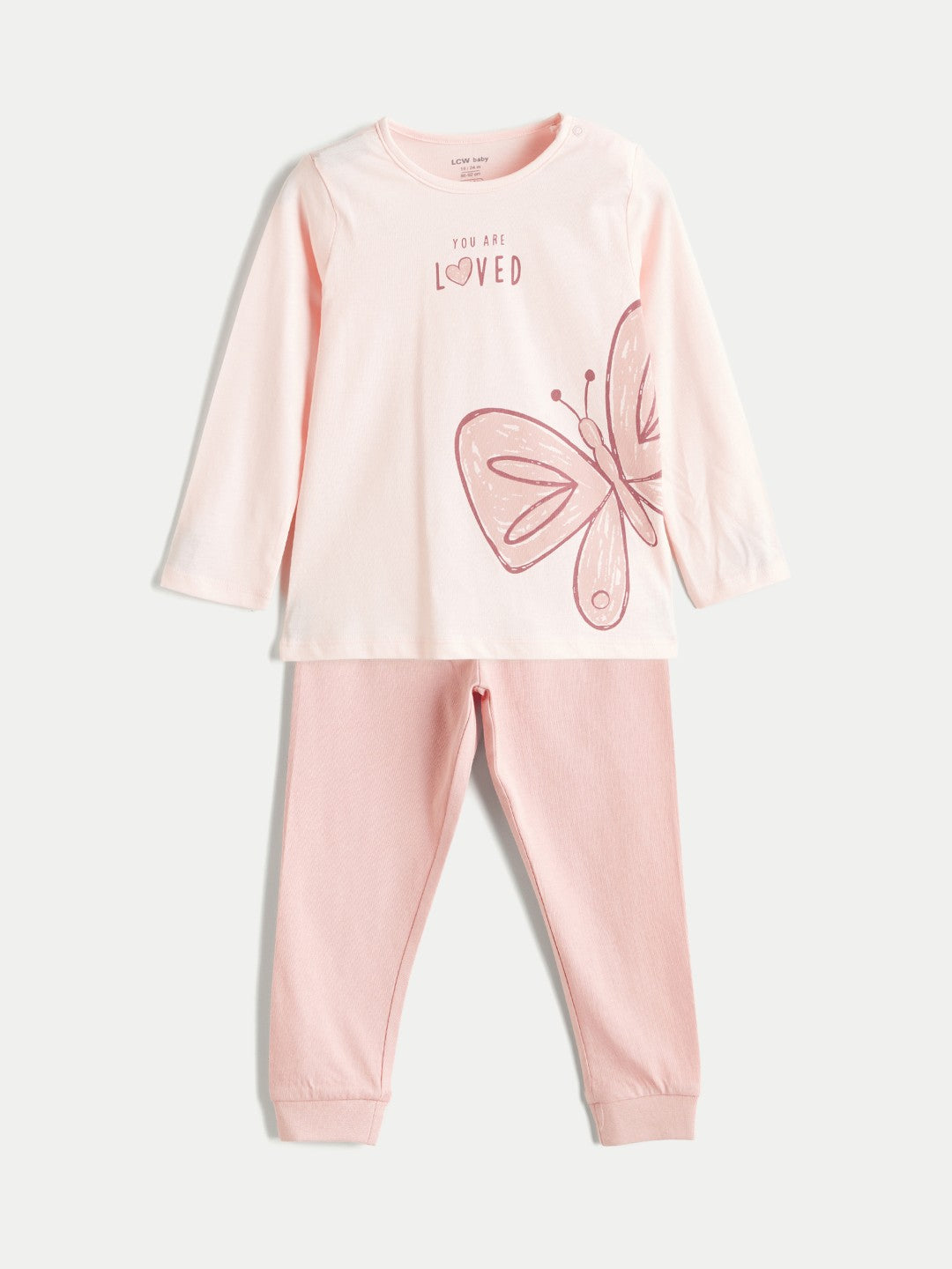 LCW Baby Pink Crew Neck Baby Girl T-Shirt And Sweatpants