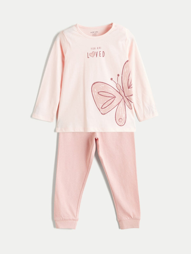 LCW Baby Pink Crew Neck Baby Girl T-Shirt And Sweatpants Hover Image