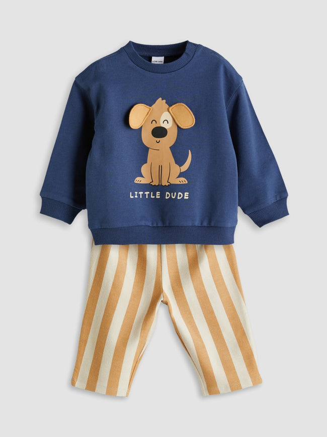 LCW Baby Indigo Crew Neck Printed Baby Boy Sweatshirt And Tracksuit Bottom 2-Pack Hover Image