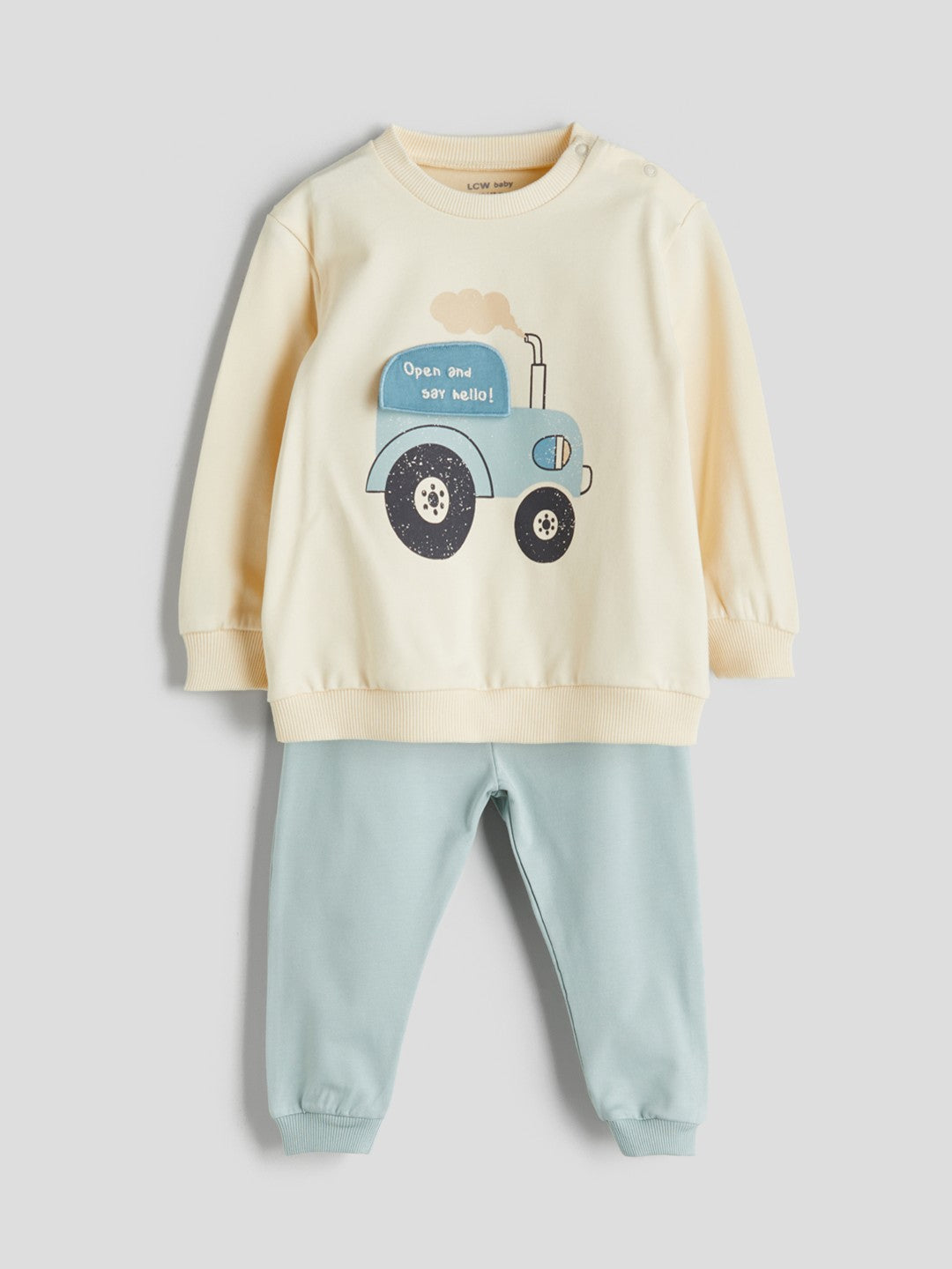 LCW Baby Beige Crew Neck Printed Baby Boy Sweatshirt And Tracksuit Bottom 2-Pack