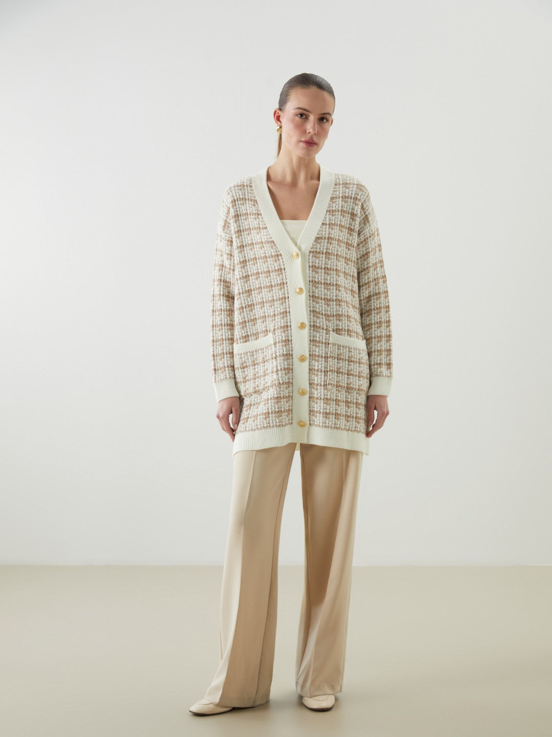 LCW Classic Brown V-Neck Patterned Women Knitwear Cardigan