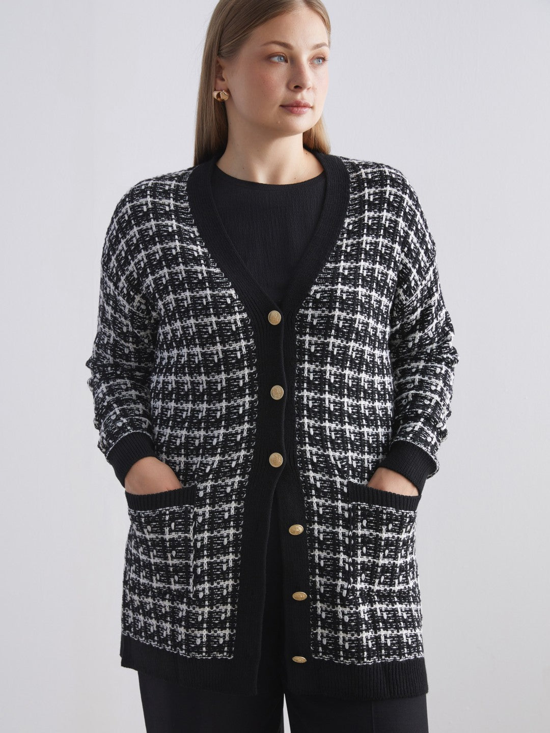 LCW Classic Brown V-Neck Patterned Women Knitwear Cardigan