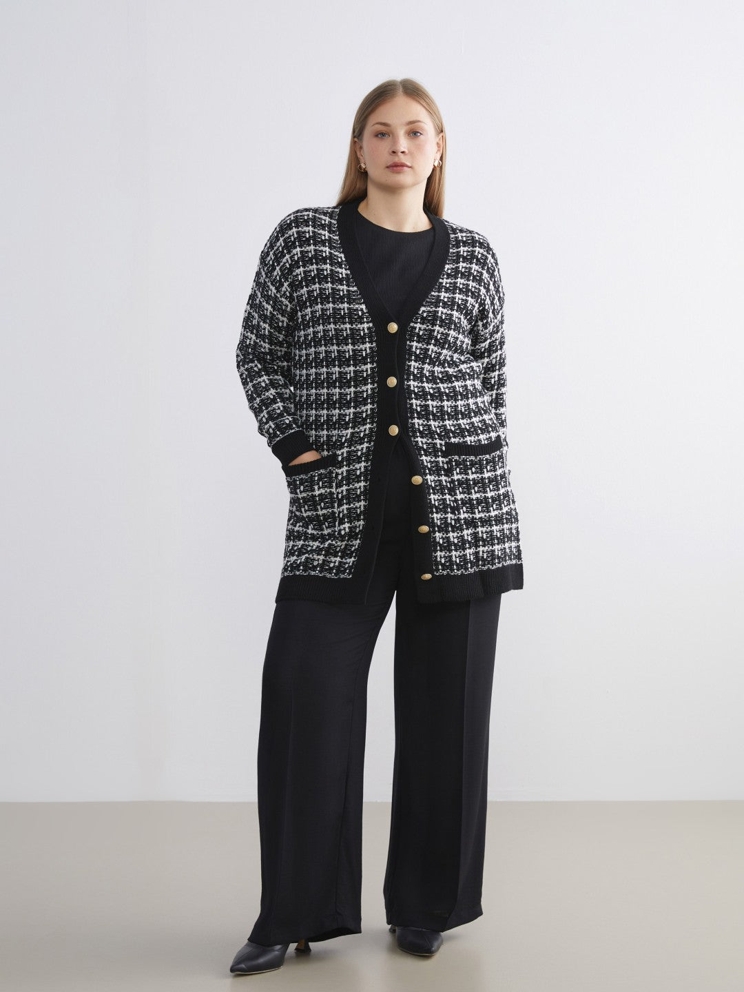 LCW Classic Brown V-Neck Patterned Women Knitwear Cardigan