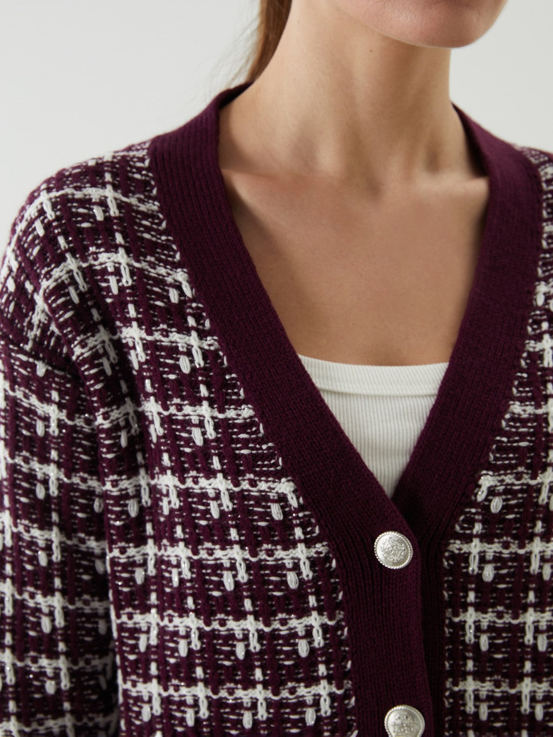 LCW Classic Brown V-Neck Patterned Women Knitwear Cardigan