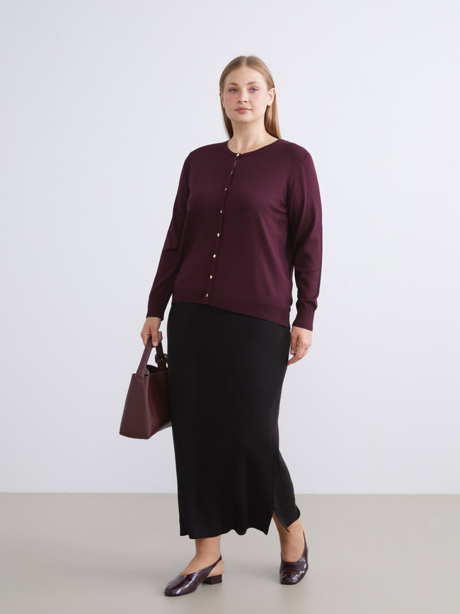 LCW Modest Black Elastic Waist Slit Knit Skirt Hover Image